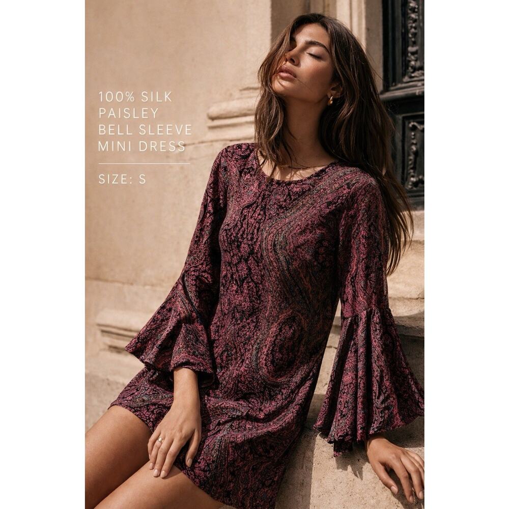 Elizabeth & James 100% Silk Mabel Paisley Bell Sleeve Mini Dress S Boho Retro